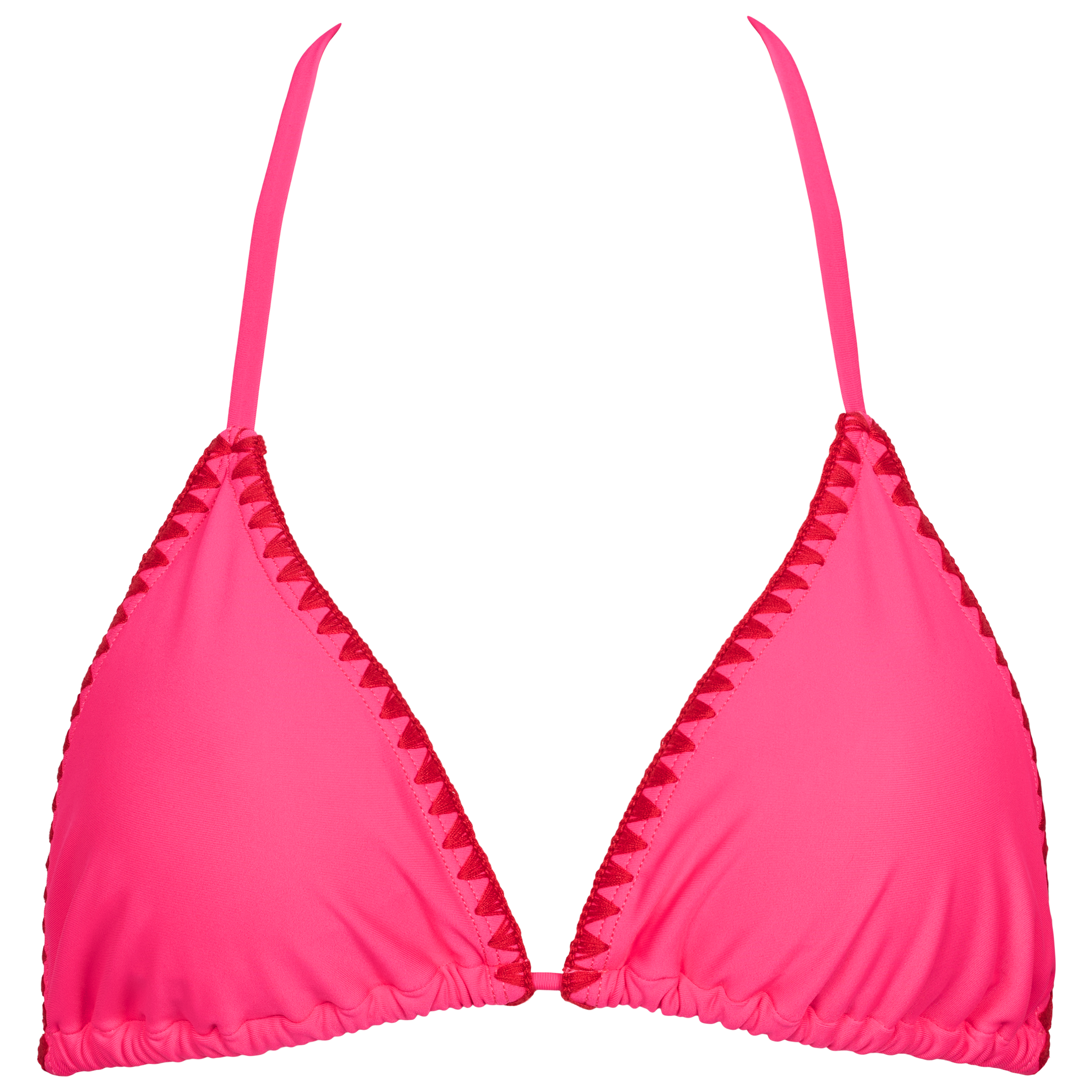 Lyserød trekantsbikini top med bindebånd og røde broderet kanter