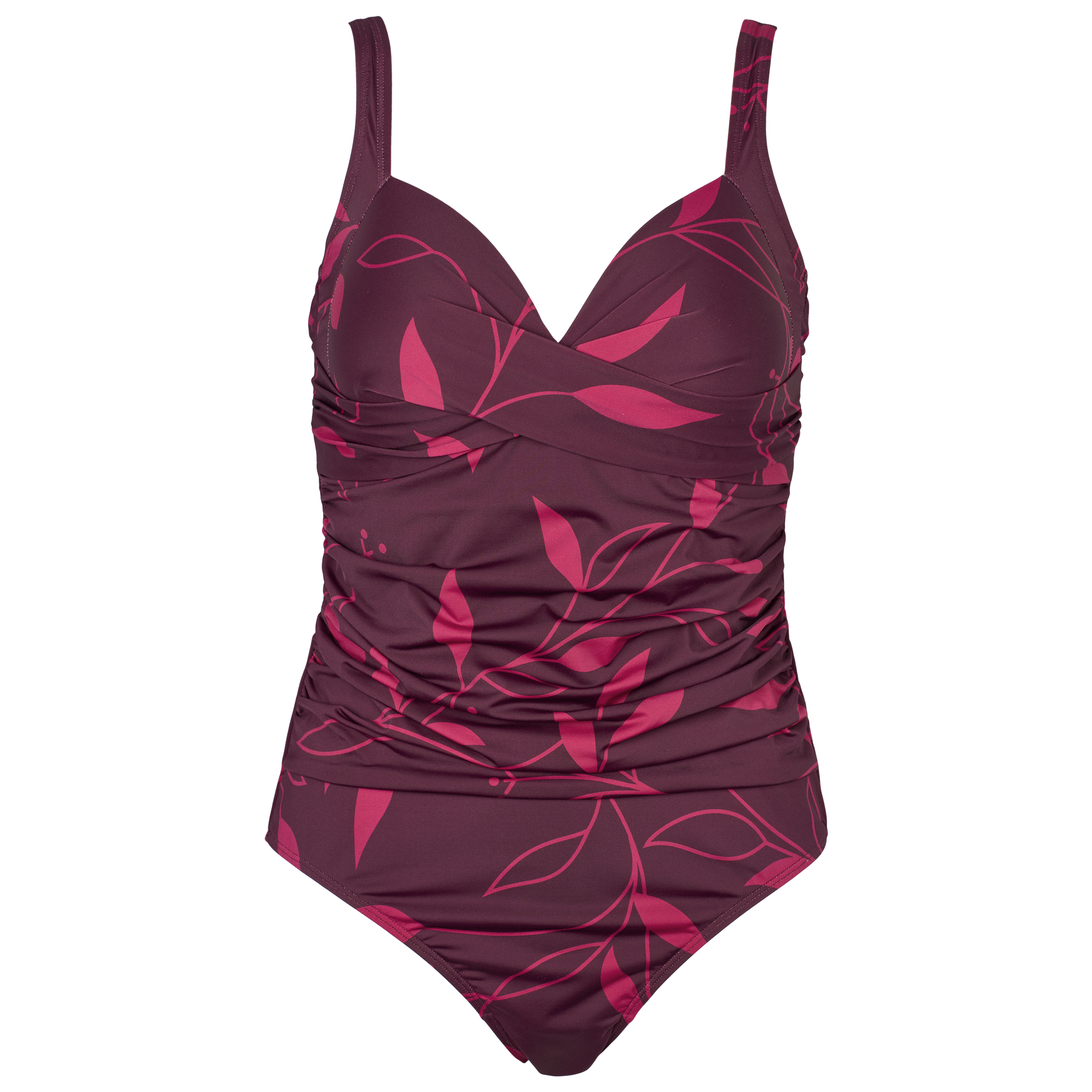 Badedragt i dark purple med pink bladprint