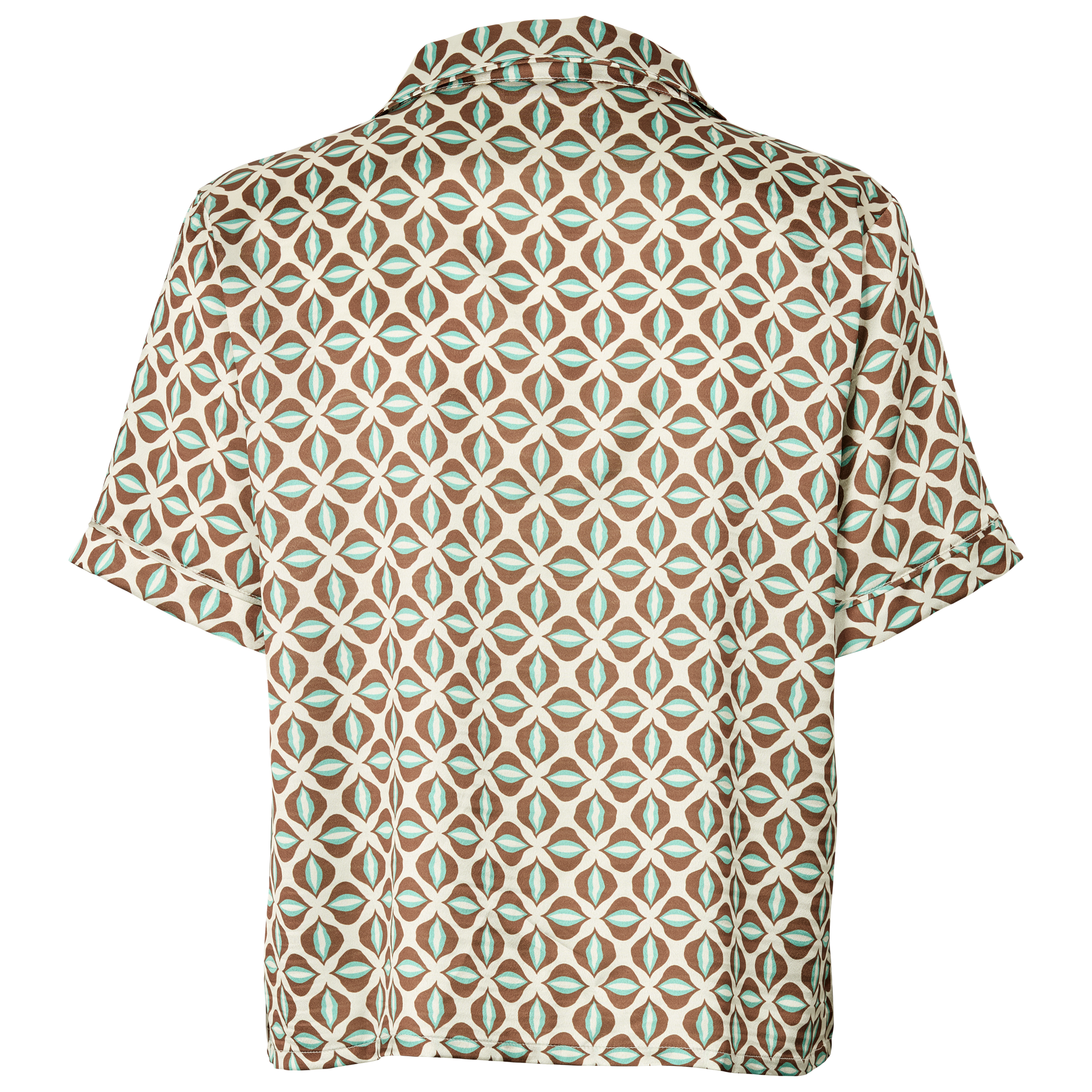 Satin skjorte i brun med geometrisk mønster og turkise detaljer