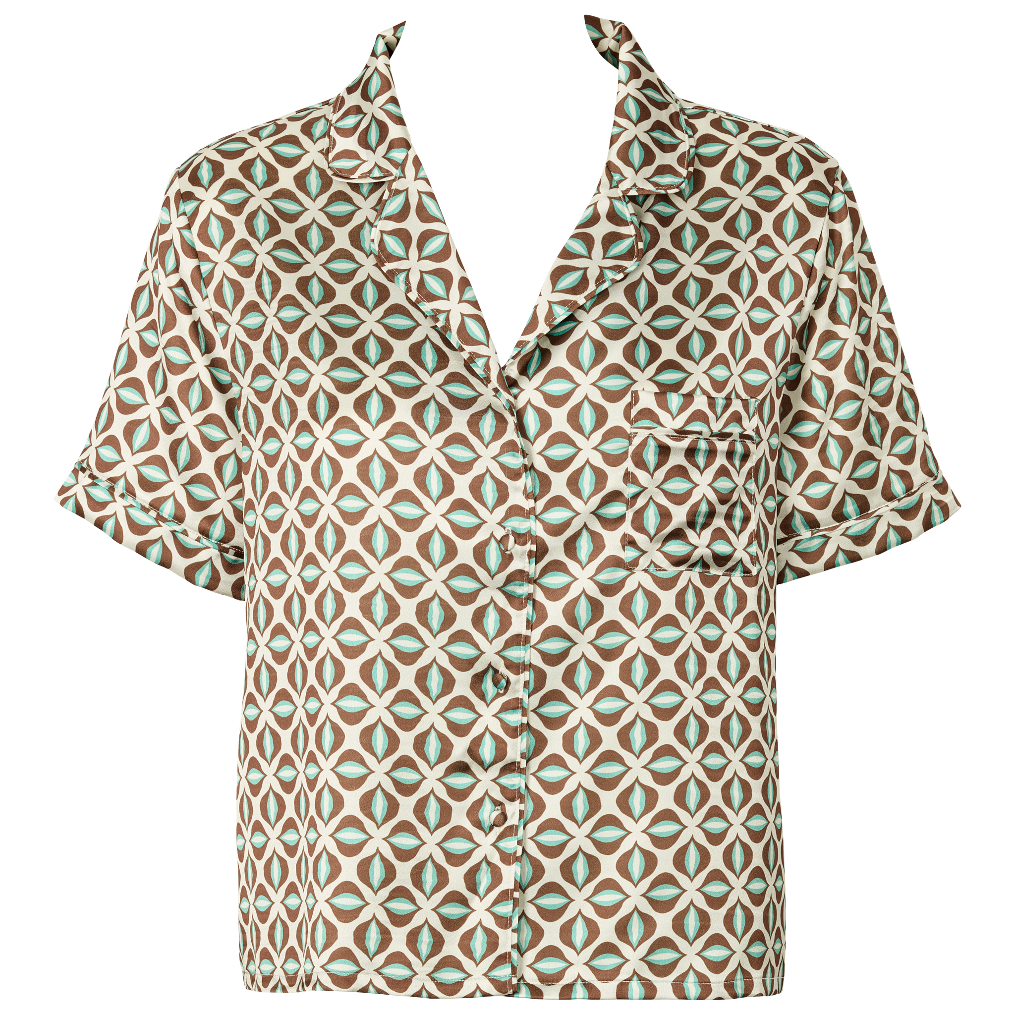 Satin skjorte i brun med geometrisk mønster og turkise detaljer