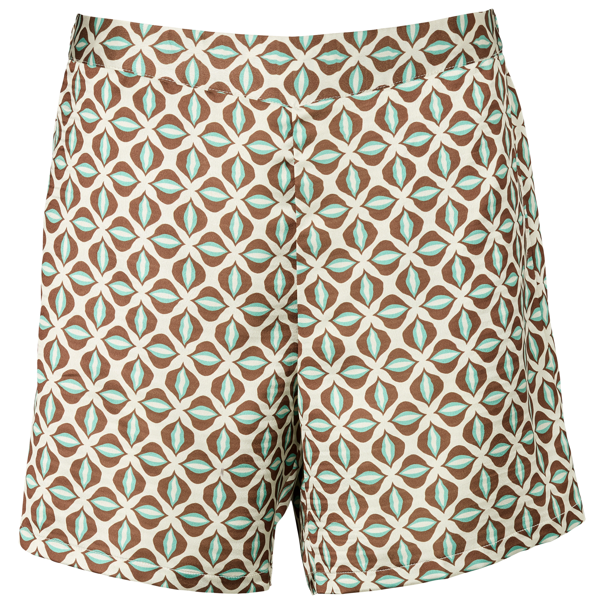 Shorts med brunt geometrisk mønster og turkise detaljer