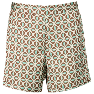 Shorts med brunt geometrisk mønster og turkise detaljer