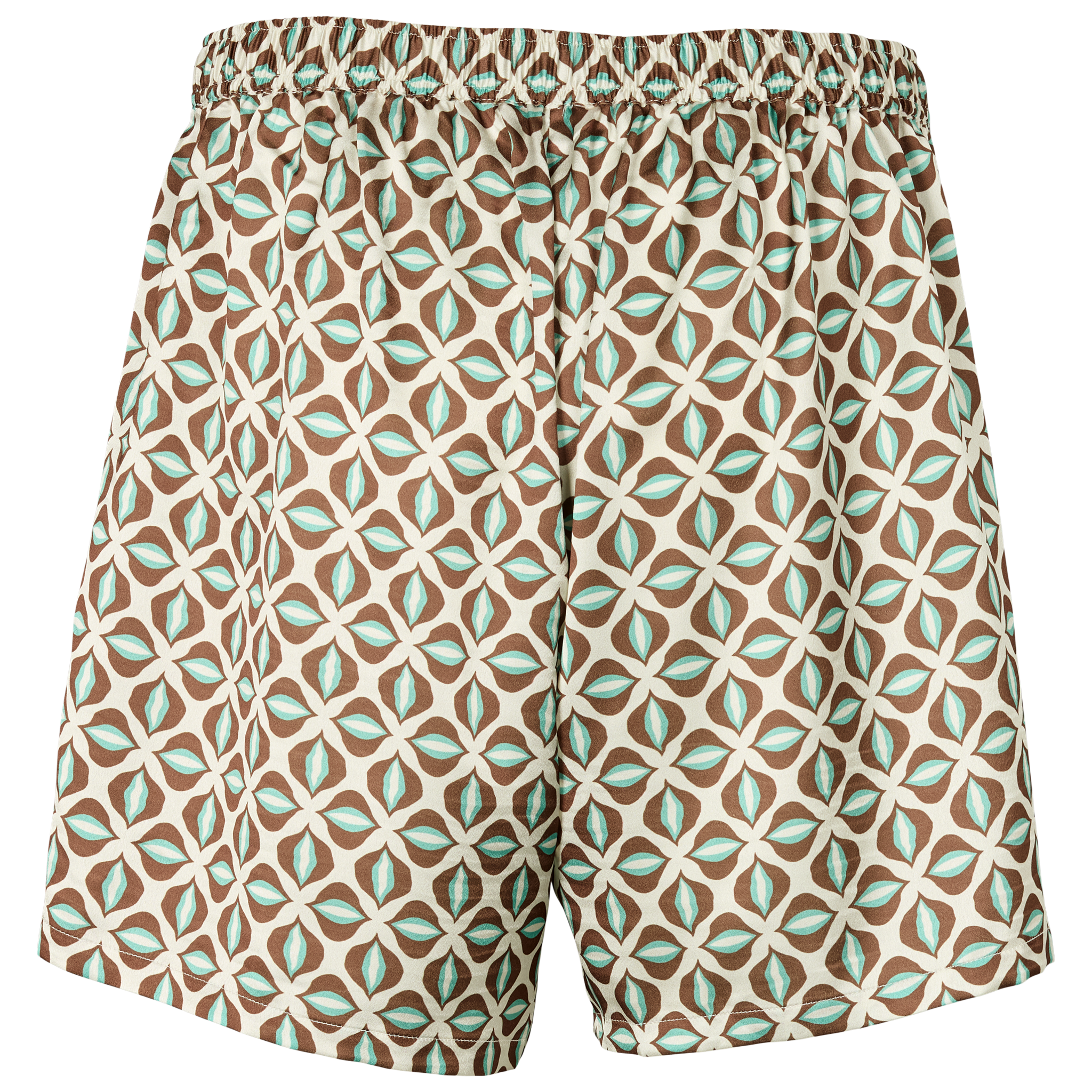 Shorts med brunt geometrisk mønster og turkise detaljer