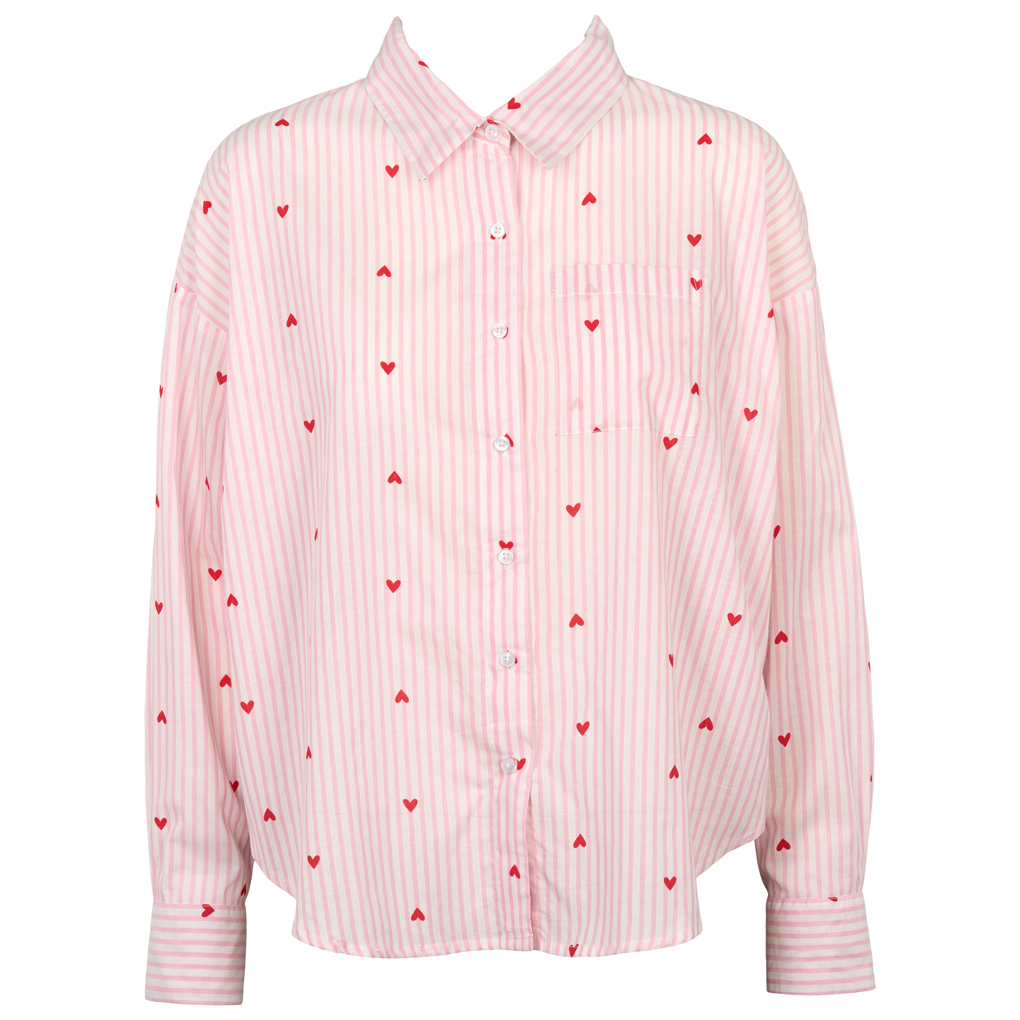Skjorte i light rose med lyserøde striber og røde hjerter