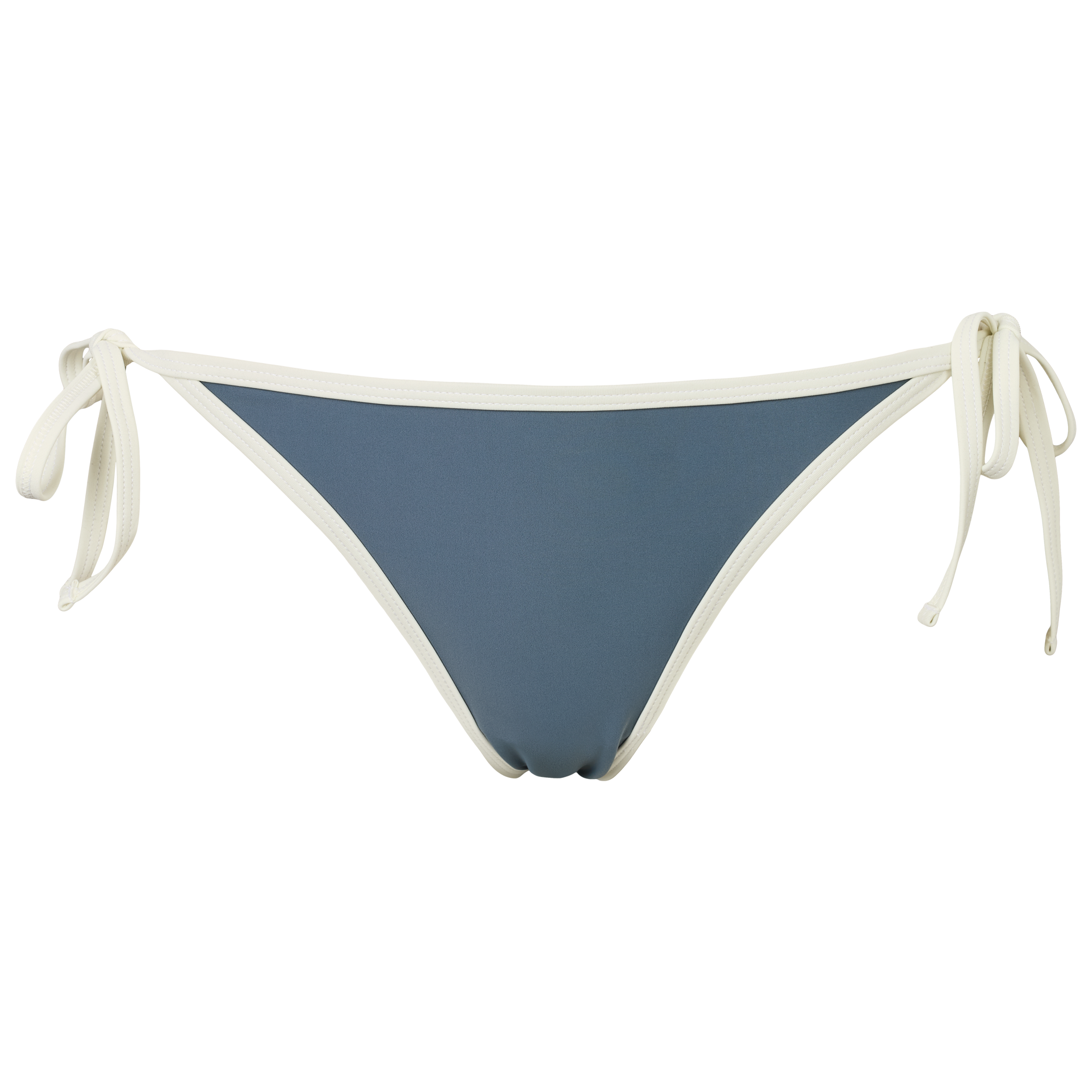 Blå bikini trusse med hvide kanter og bindebånd i siderne