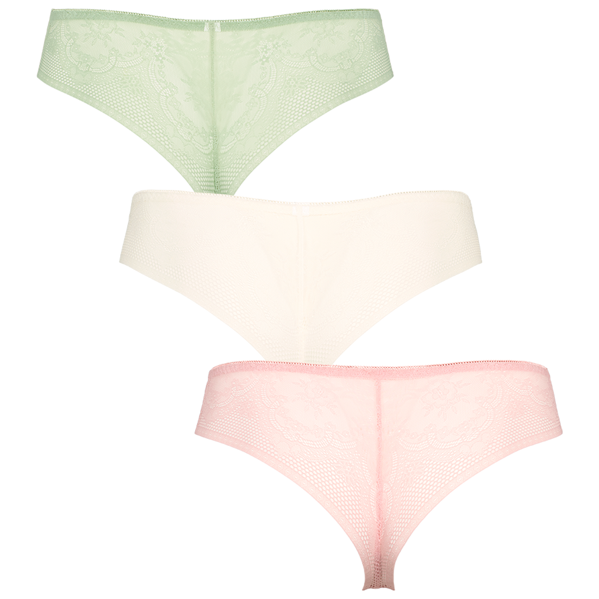 Seamless string med lace 3-pack i grøn, hvid og lyserød