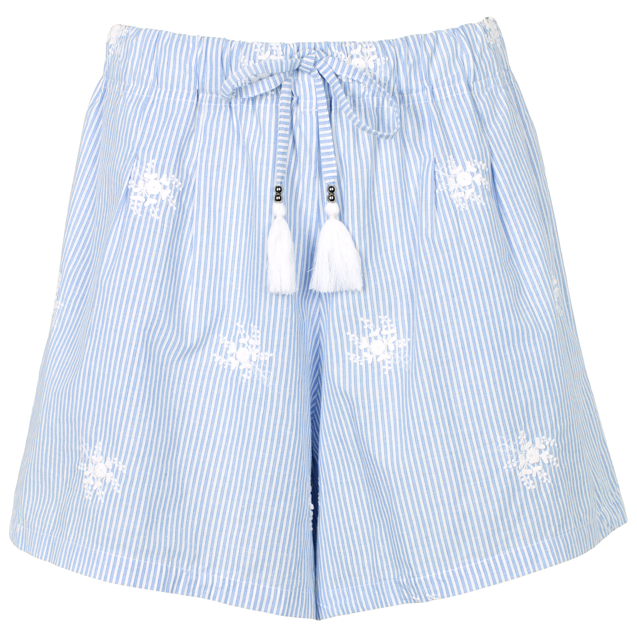 Stribede strandshorts i lyseblå og hvid med broderede blomster og bindebånd i taljen 