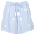 Stribede strandshorts i lyseblå og hvid med broderede blomster og bindebånd i taljen 