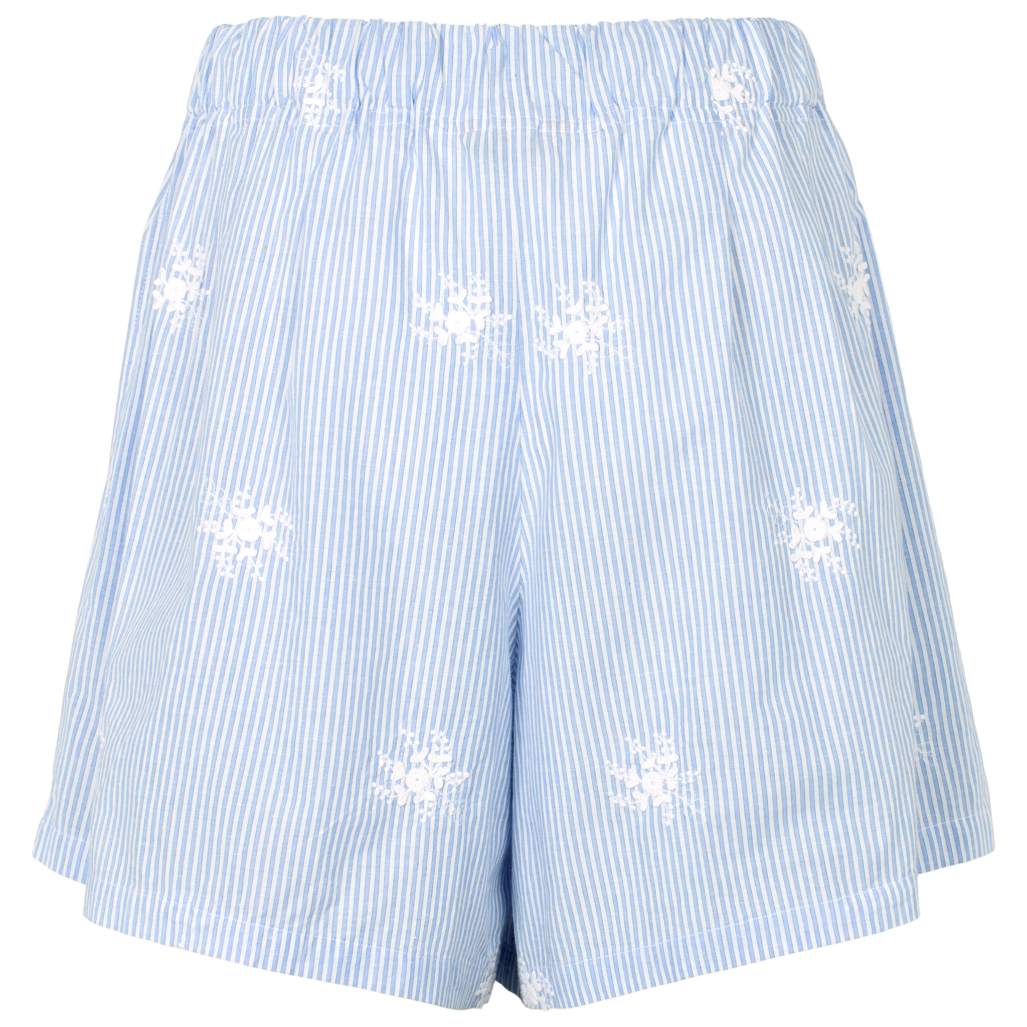 Stribede strandshorts i lyseblå og hvid med broderede blomster og bindebånd i taljen 