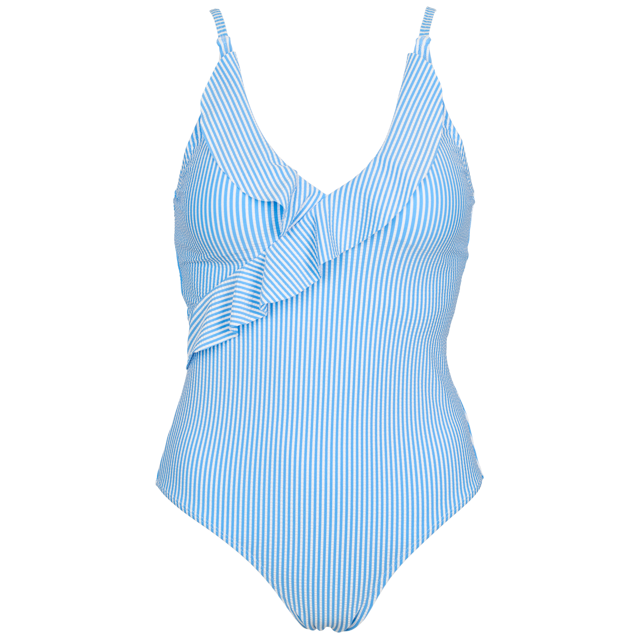 Stribet badedragt med blå og hvide striber og flæser