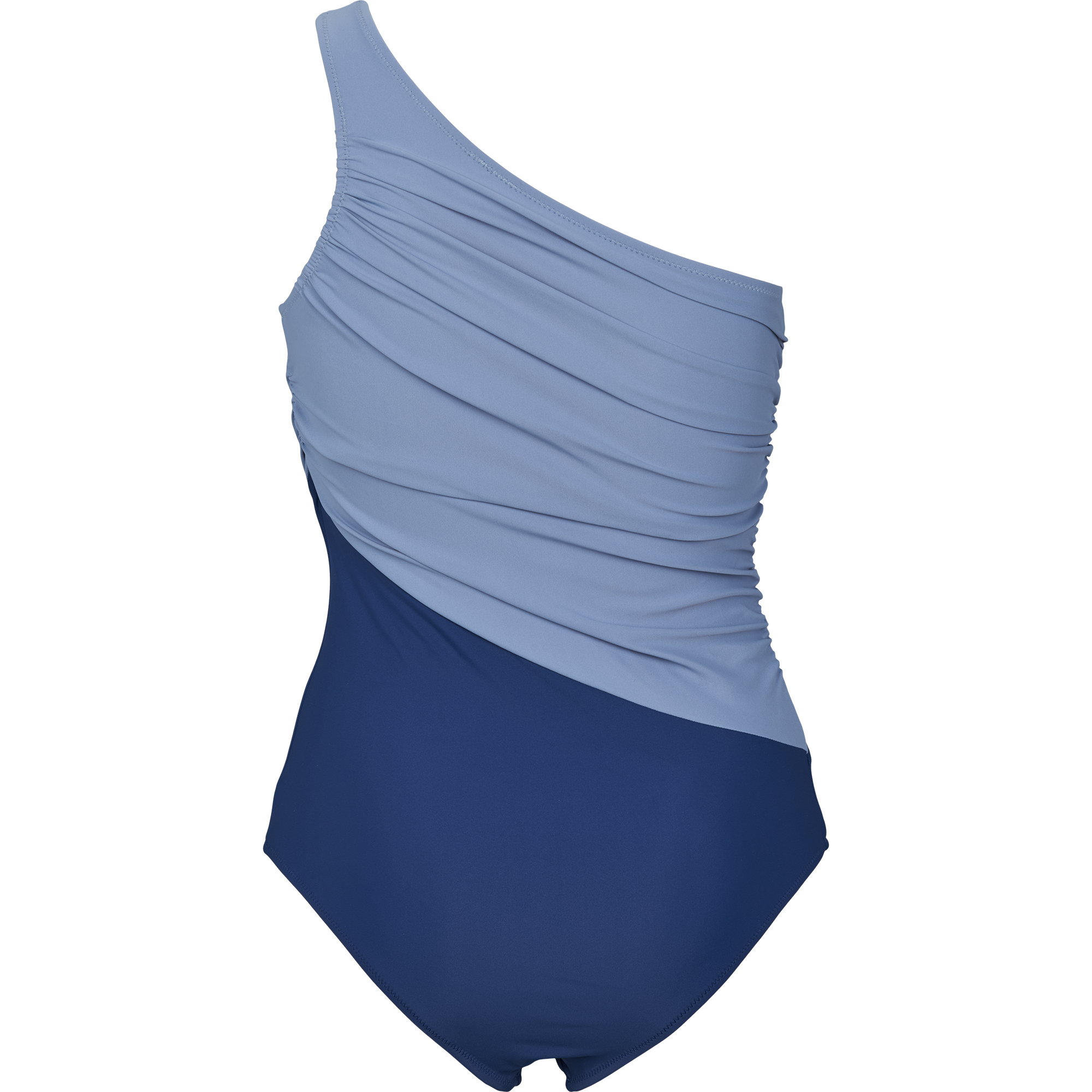 Bagside af blå one-shoulder badedragt